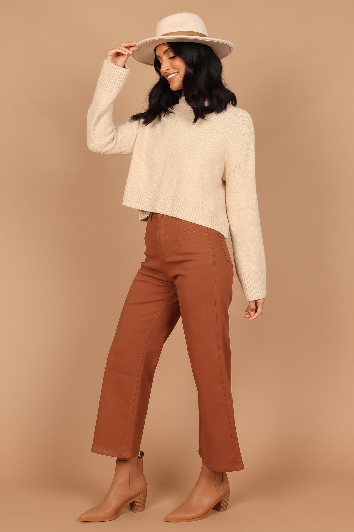 Georgette High Waisted Straight Leg Pants - Brown