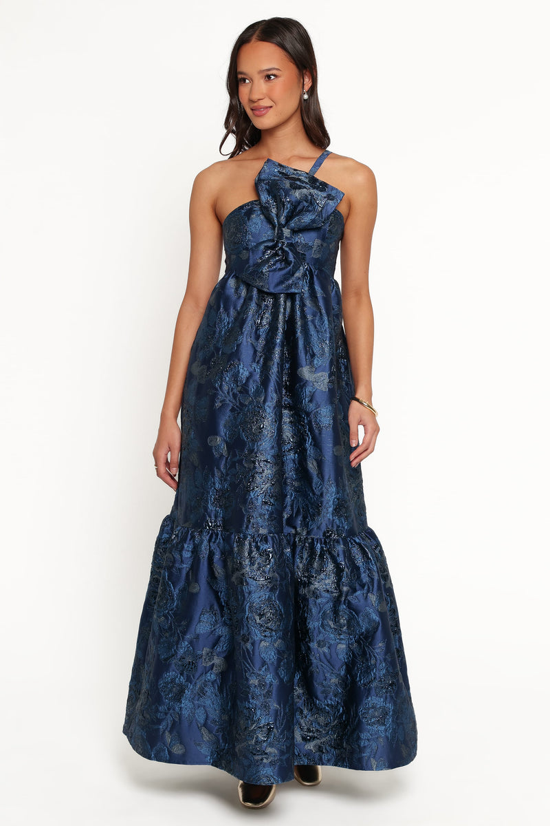 Betina Bow Front Maxi Dress - Blue Brocade