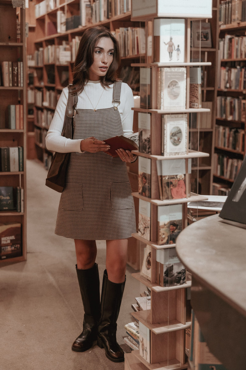 Noah Overall Mini Dress - Brown Houndstooth