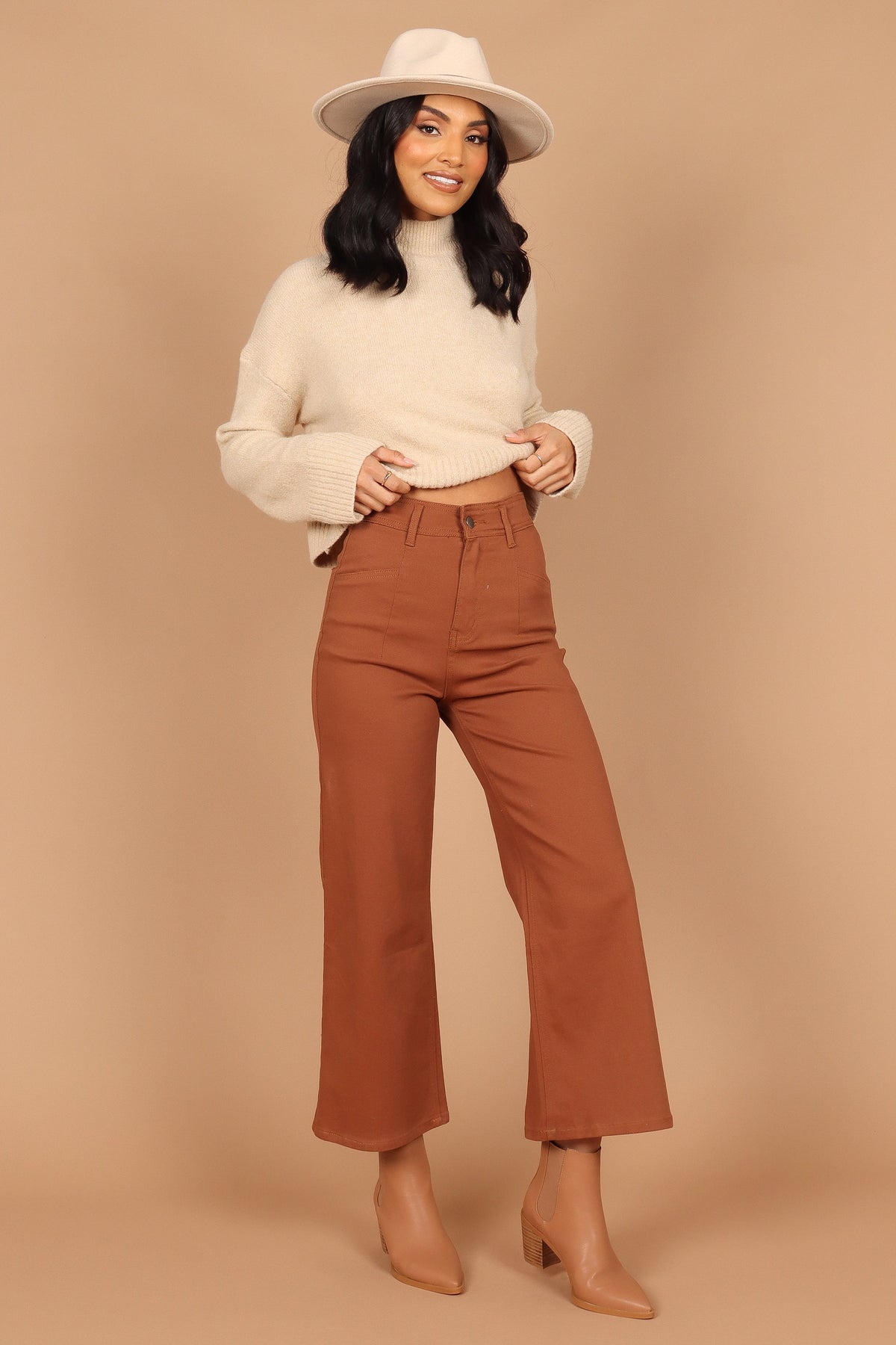Georgette High Waisted Straight Leg Pants - Brown
