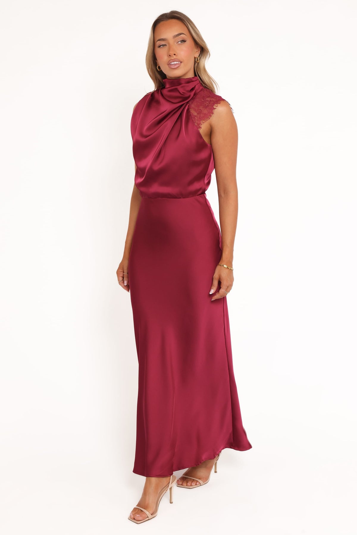 Anabelle Halter Neck Lace Maxi Dress - Berry