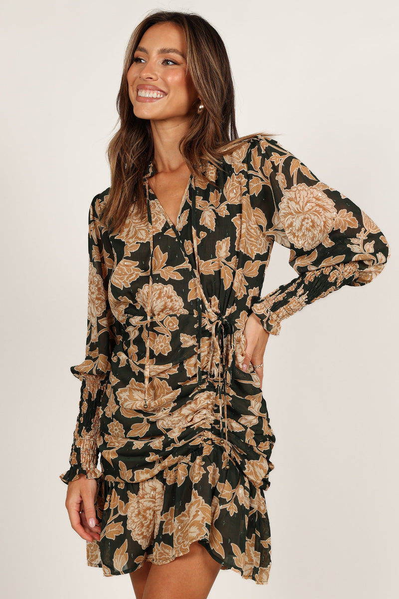 Micha Ruched High Neck Mini Dress - Pine/Gold