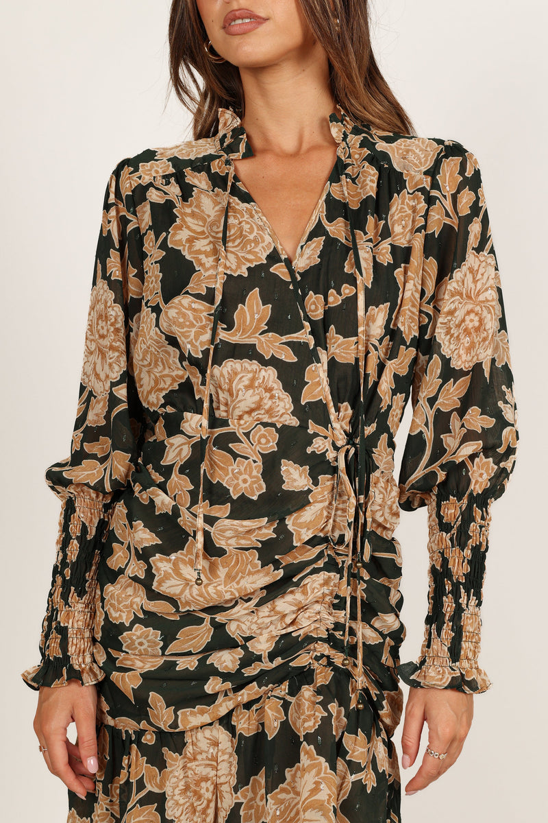 Micha Ruched High Neck Mini Dress - Pine/Gold