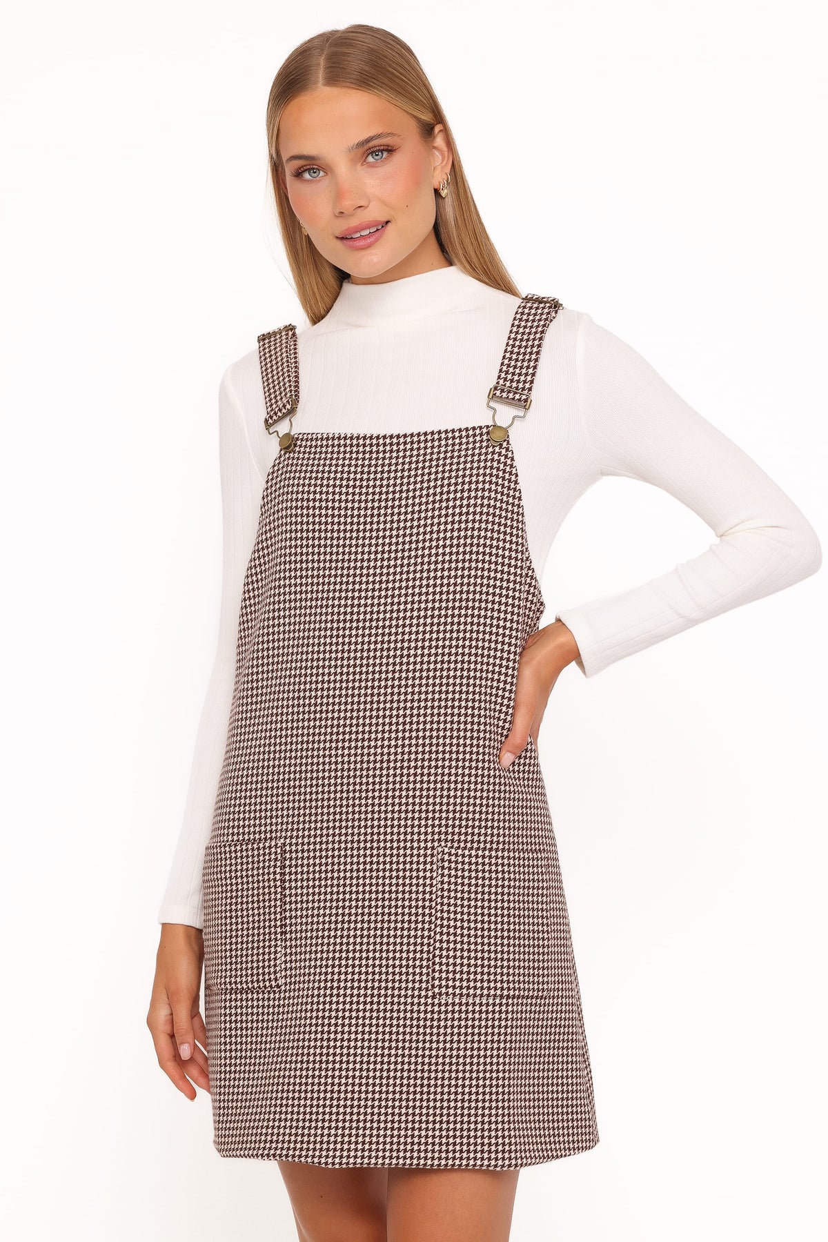 Noah Overall Mini Dress - Brown Houndstooth